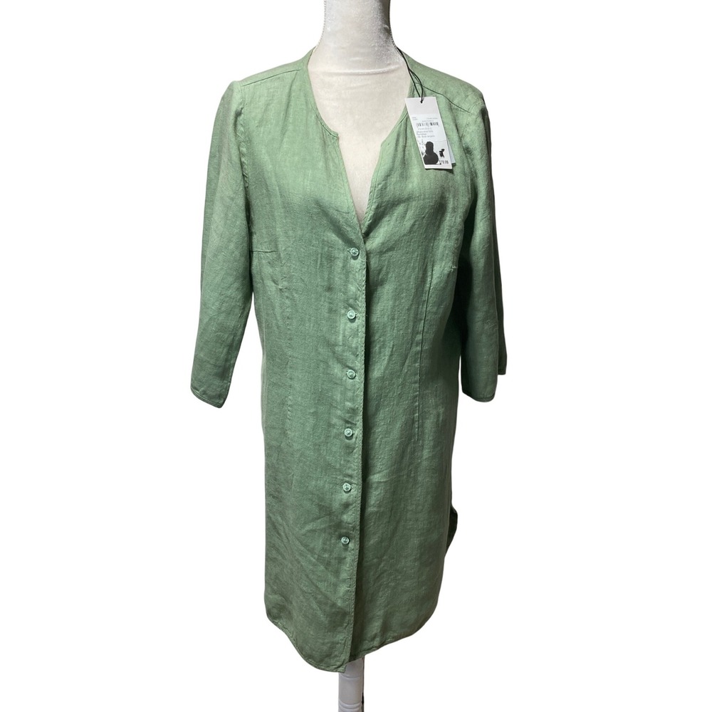 NWT Backstage Womens XL Green 100% Linen Button Front‎ Tunic Dress